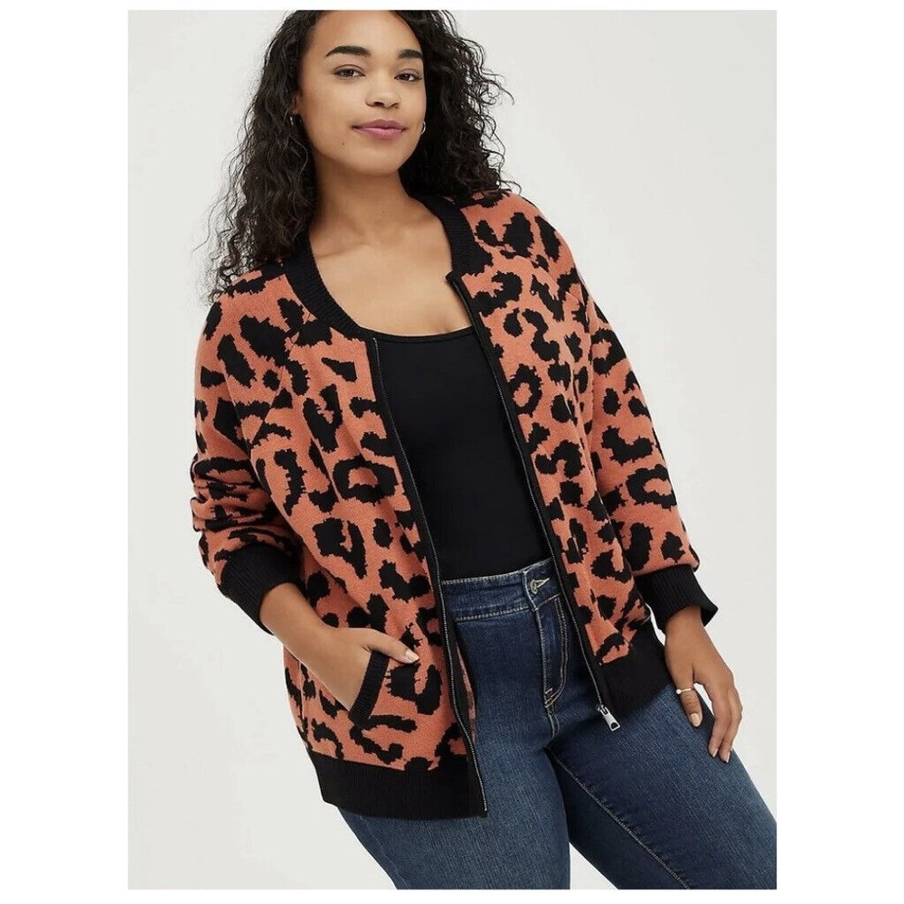 Torrid Raglan Bomber Cardigan Sweater - Leopard Rusty Brown Size 3